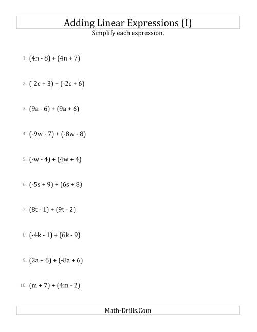 The Adding and Simplifying Linear Expressions (I) Math Worksheet