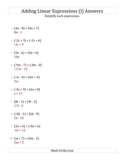 The Adding and Simplifying Linear Expressions (I) Math Worksheet Page 2