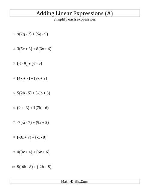 The Adding and Simplifying Linear Expressions with Some Multipliers (A) Math Worksheet