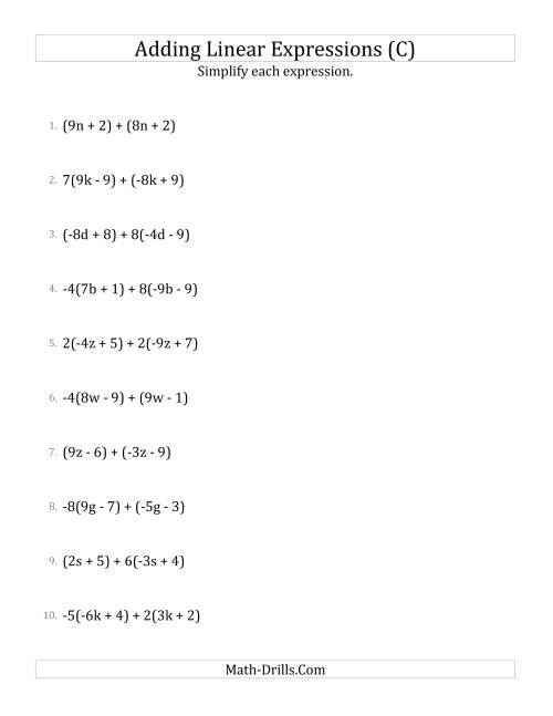 The Adding and Simplifying Linear Expressions with Some Multipliers (C) Math Worksheet
