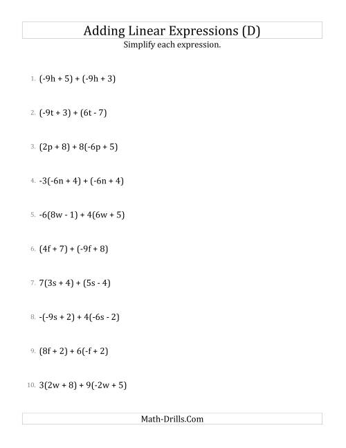The Adding and Simplifying Linear Expressions with Some Multipliers (D) Math Worksheet
