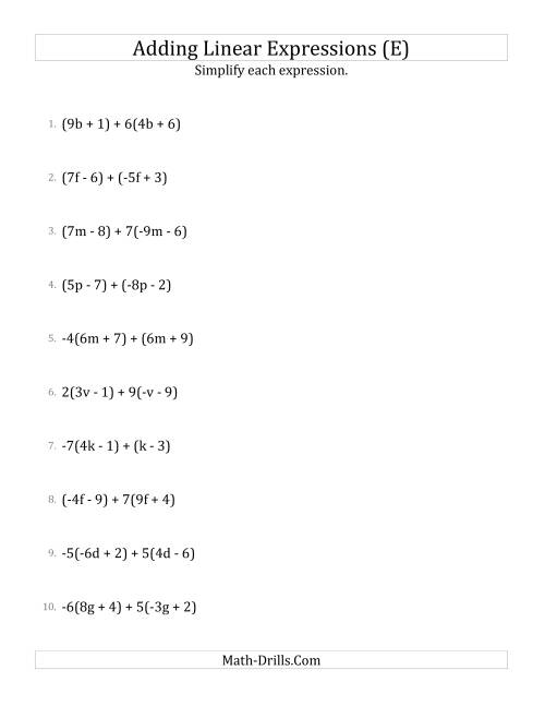 The Adding and Simplifying Linear Expressions with Some Multipliers (E) Math Worksheet