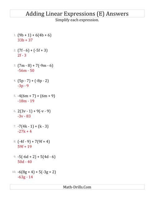 The Adding and Simplifying Linear Expressions with Some Multipliers (E) Math Worksheet Page 2