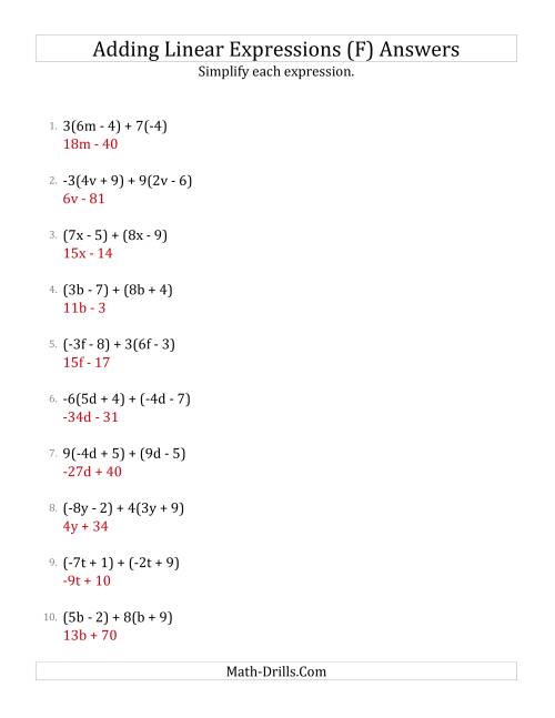 The Adding and Simplifying Linear Expressions with Some Multipliers (F) Math Worksheet Page 2
