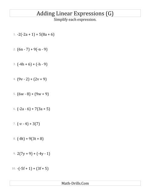 The Adding and Simplifying Linear Expressions with Some Multipliers (G) Math Worksheet