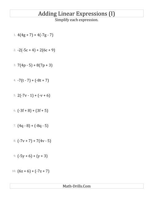 The Adding and Simplifying Linear Expressions with Some Multipliers (I) Math Worksheet