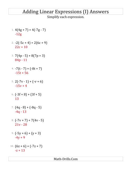 The Adding and Simplifying Linear Expressions with Some Multipliers (I) Math Worksheet Page 2