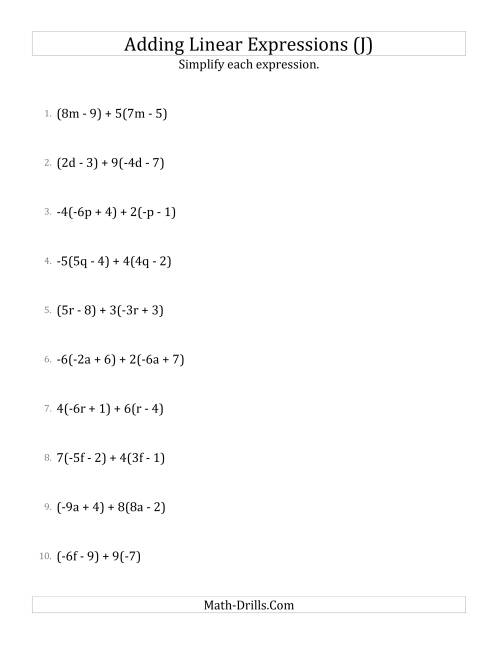 The Adding and Simplifying Linear Expressions with Some Multipliers (J) Math Worksheet
