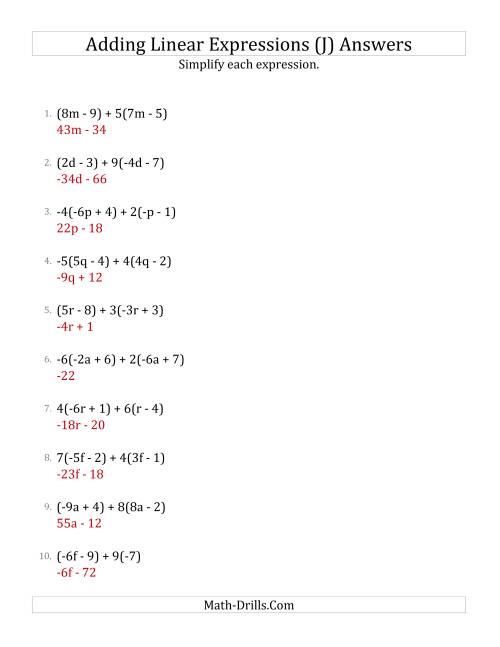 The Adding and Simplifying Linear Expressions with Some Multipliers (J) Math Worksheet Page 2