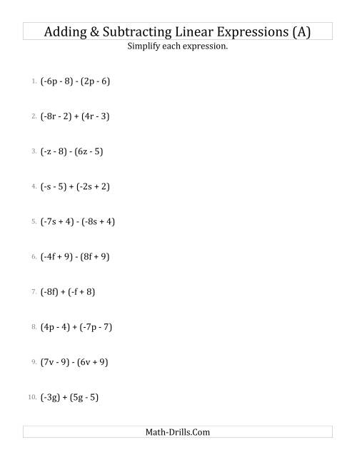 The Adding and Subtracting and Simplifying Linear Expressions (A) Math Worksheet