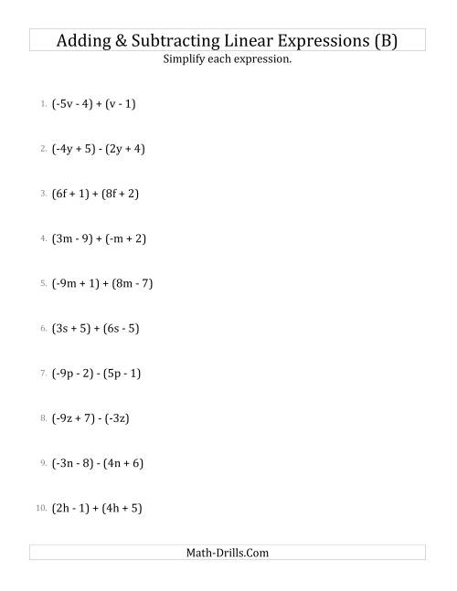 The Adding and Subtracting and Simplifying Linear Expressions (B) Math Worksheet