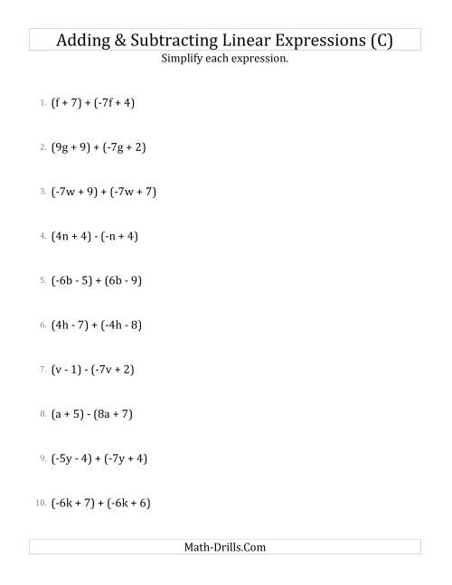 The Adding and Subtracting and Simplifying Linear Expressions (C) Math Worksheet