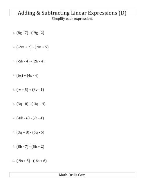 The Adding and Subtracting and Simplifying Linear Expressions (D) Math Worksheet
