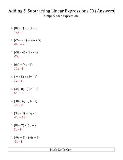 The Adding and Subtracting and Simplifying Linear Expressions (D) Math Worksheet Page 2