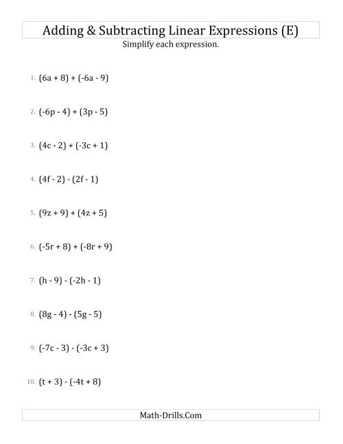The Adding and Subtracting and Simplifying Linear Expressions (E) Math Worksheet