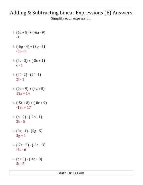 The Adding and Subtracting and Simplifying Linear Expressions (E) Math Worksheet Page 2