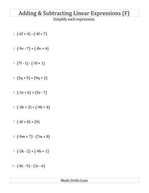 The Adding and Subtracting and Simplifying Linear Expressions (F) Math Worksheet