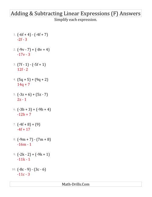 The Adding and Subtracting and Simplifying Linear Expressions (F) Math Worksheet Page 2