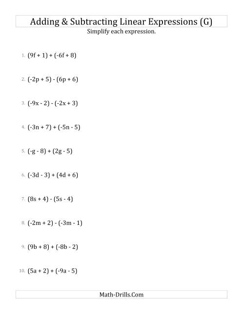 The Adding and Subtracting and Simplifying Linear Expressions (G) Math Worksheet