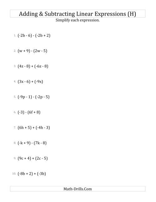 The Adding and Subtracting and Simplifying Linear Expressions (H) Math Worksheet