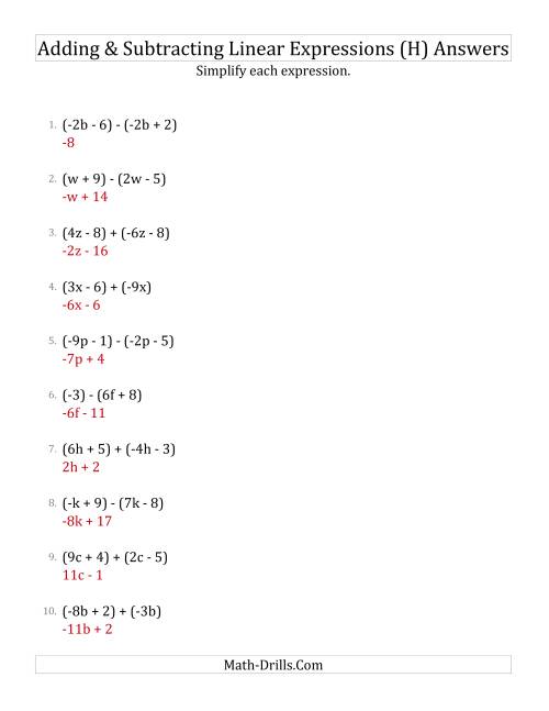 The Adding and Subtracting and Simplifying Linear Expressions (H) Math Worksheet Page 2