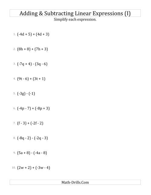 The Adding and Subtracting and Simplifying Linear Expressions (I) Math Worksheet