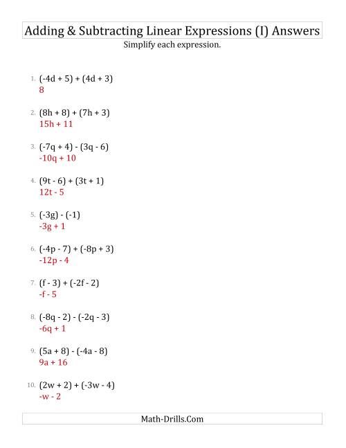 The Adding and Subtracting and Simplifying Linear Expressions (I) Math Worksheet Page 2