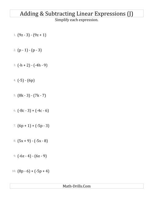 The Adding and Subtracting and Simplifying Linear Expressions (J) Math Worksheet