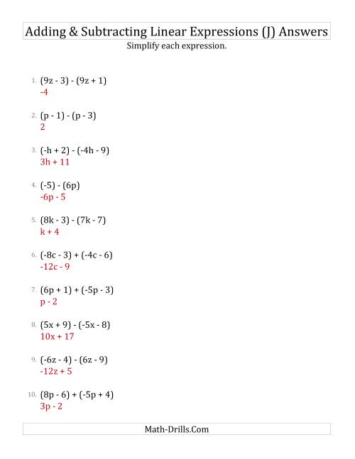 The Adding and Subtracting and Simplifying Linear Expressions (J) Math Worksheet Page 2