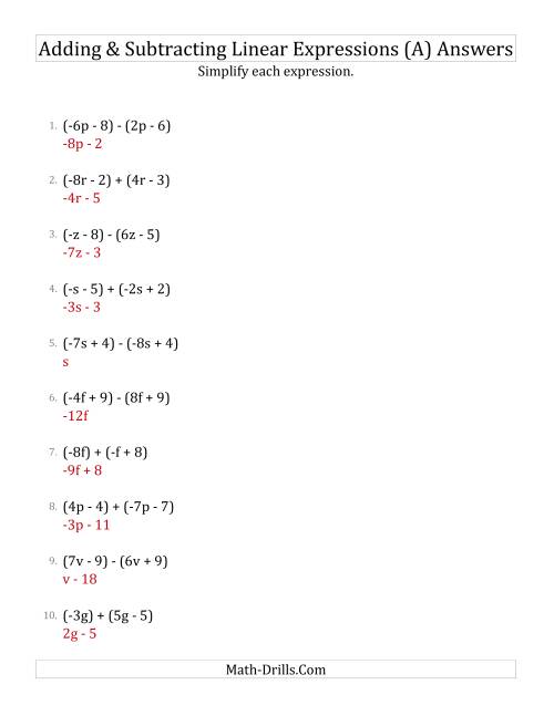 The Adding and Subtracting and Simplifying Linear Expressions (All) Math Worksheet Page 2