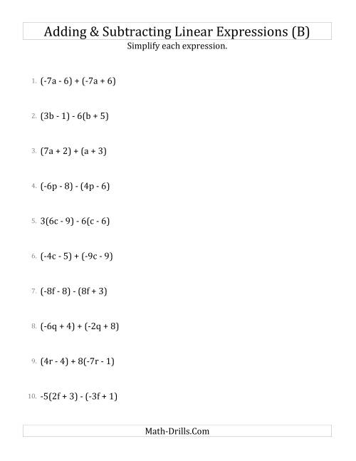 The Adding and Subtracting and Simplifying Linear Expressions with Some Multipliers (B) Math Worksheet