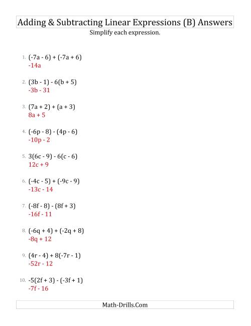 The Adding and Subtracting and Simplifying Linear Expressions with Some Multipliers (B) Math Worksheet Page 2