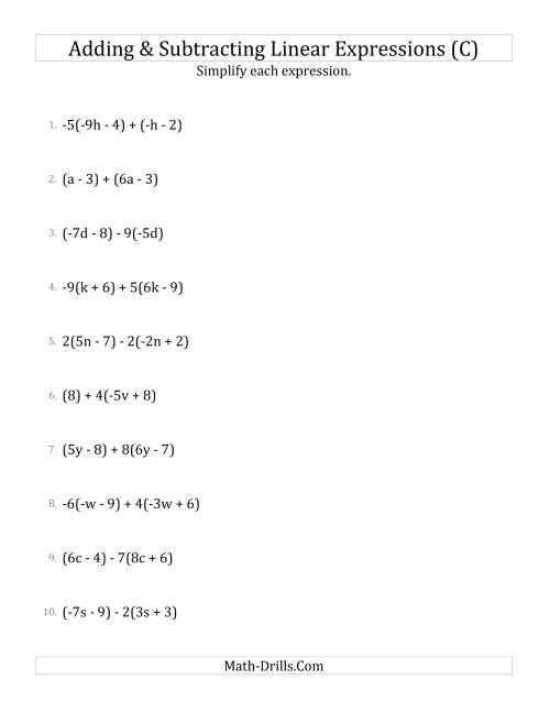 The Adding and Subtracting and Simplifying Linear Expressions with Some Multipliers (C) Math Worksheet