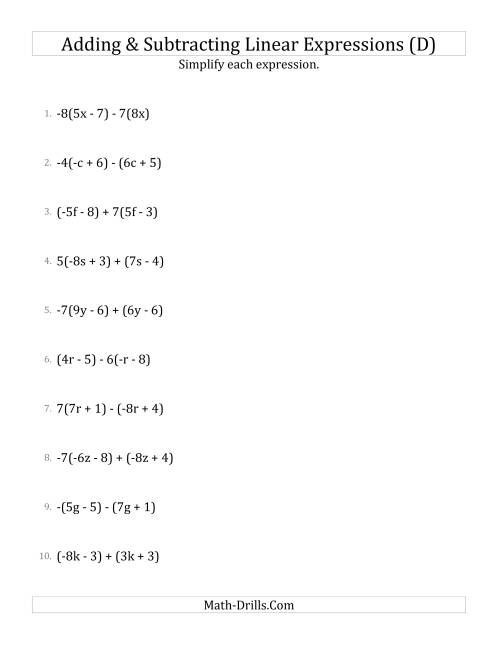 The Adding and Subtracting and Simplifying Linear Expressions with Some Multipliers (D) Math Worksheet