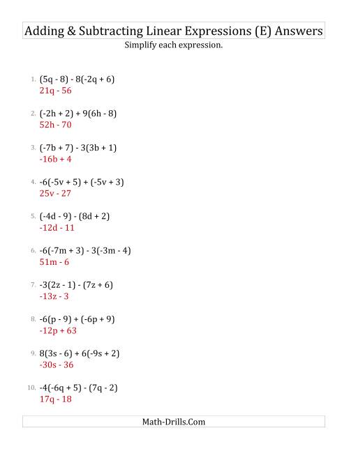 The Adding and Subtracting and Simplifying Linear Expressions with Some Multipliers (E) Math Worksheet Page 2