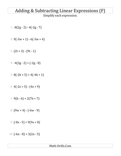 The Adding and Subtracting and Simplifying Linear Expressions with Some Multipliers (F) Math Worksheet