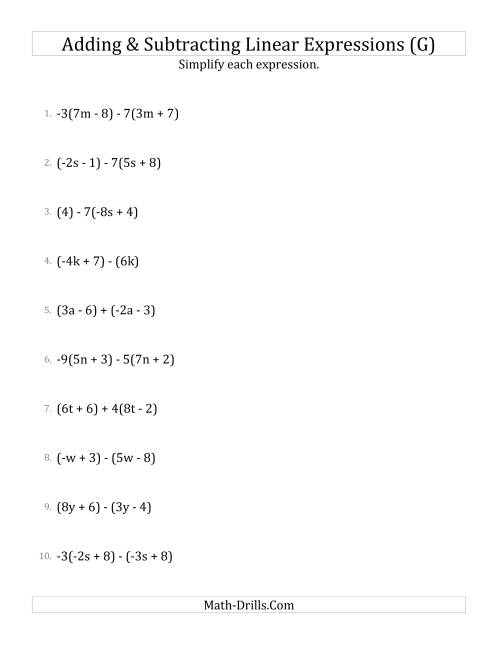 The Adding and Subtracting and Simplifying Linear Expressions with Some Multipliers (G) Math Worksheet