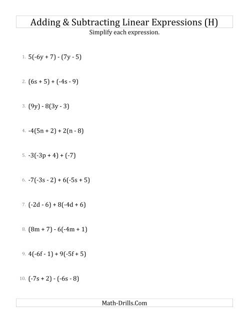 The Adding and Subtracting and Simplifying Linear Expressions with Some Multipliers (H) Math Worksheet