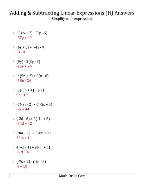 The Adding and Subtracting and Simplifying Linear Expressions with Some Multipliers (H) Math Worksheet Page 2