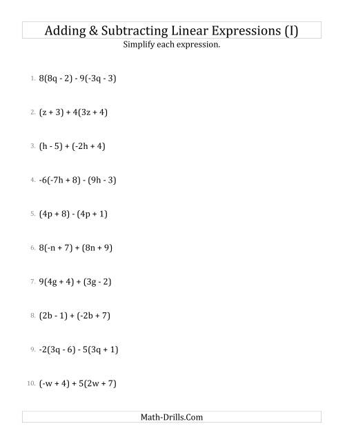 The Adding and Subtracting and Simplifying Linear Expressions with Some Multipliers (I) Math Worksheet