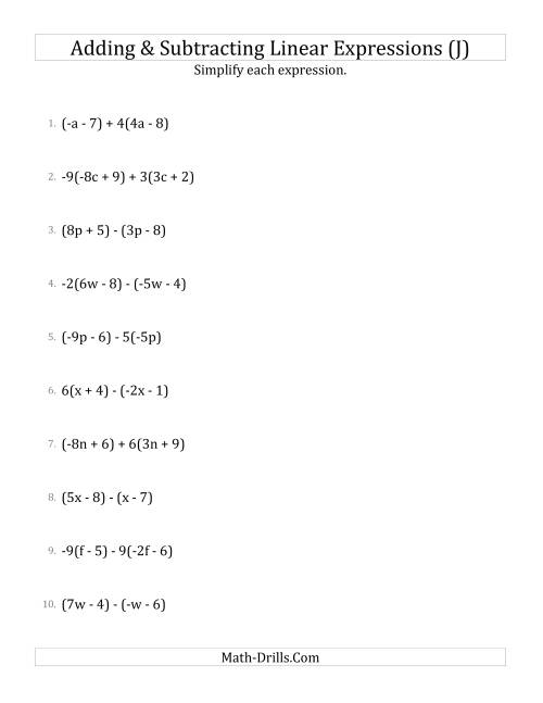 The Adding and Subtracting and Simplifying Linear Expressions with Some Multipliers (J) Math Worksheet