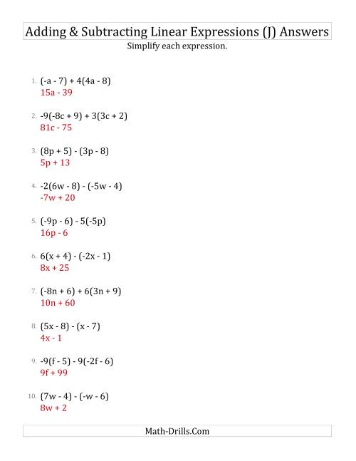 The Adding and Subtracting and Simplifying Linear Expressions with Some Multipliers (J) Math Worksheet Page 2