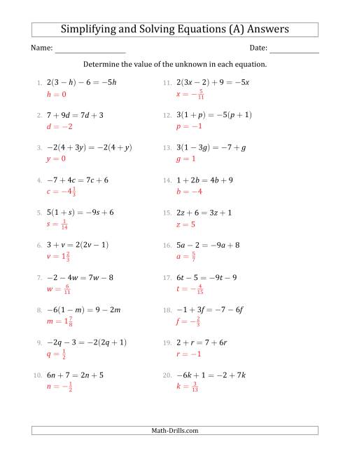 The Combining Like Terms and Solving Simple Linear Equations (A) Math Worksheet Page 2