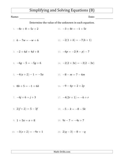 The Combining Like Terms and Solving Simple Linear Equations (B) Math Worksheet