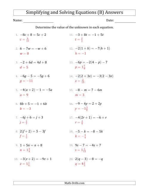 The Combining Like Terms and Solving Simple Linear Equations (B) Math Worksheet Page 2