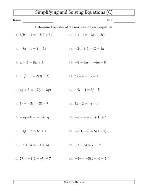 The Combining Like Terms and Solving Simple Linear Equations (C) Math Worksheet
