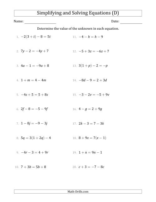 The Combining Like Terms and Solving Simple Linear Equations (D) Math Worksheet