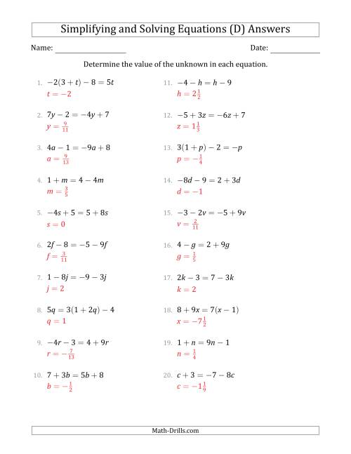 The Combining Like Terms and Solving Simple Linear Equations (D) Math Worksheet Page 2