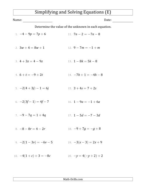 The Combining Like Terms and Solving Simple Linear Equations (E) Math Worksheet
