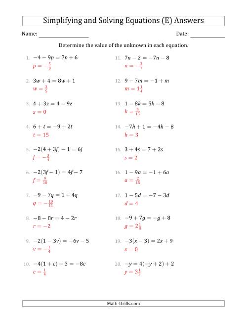 The Combining Like Terms and Solving Simple Linear Equations (E) Math Worksheet Page 2